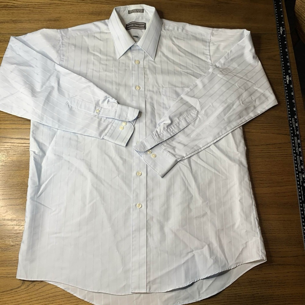 David Taylor Men's Long Sleeve Dress Shirt Light Blue Striped 16.5 34/35